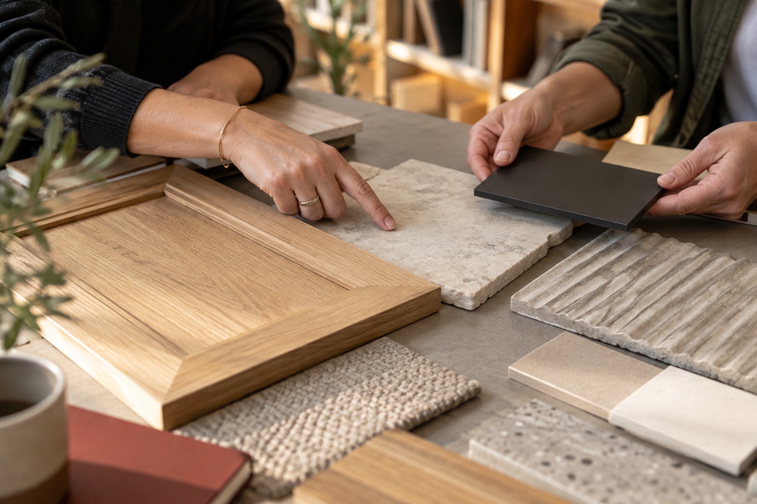 Muestras de madera, piedra y cerámica como inspiración para elegir materiales